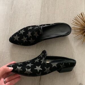 The Flexx Sisley‎ stars print Mules suede leather festive sz 8 1/2 sparkly black